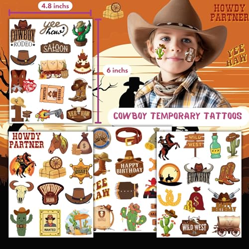 Cowboy Temporary Tattoos- 50PCS Western Cowboy Party Favors Themed Birthdays Party Supplies Decorations Western Baby Shower Decor Cool Wild Western Rodeo Pattern Girls Boys Gifts