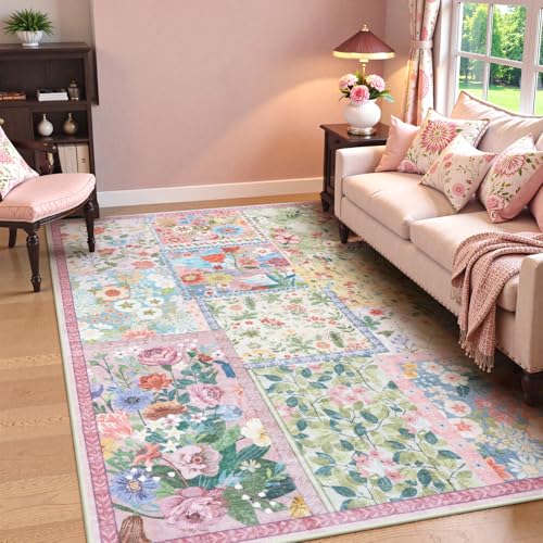 5' x 7' Pink Girls Bedroom Rug - Soft Patchwork Non-Slip Washable Carpet