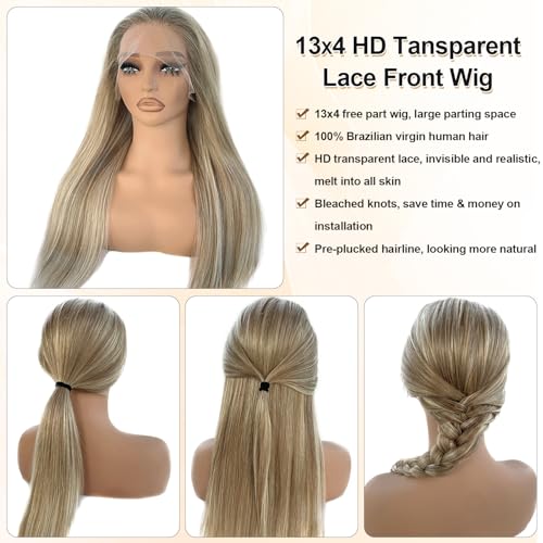 Benafee Highlight Ombre Ash Blonde 13x4 Lace Front Wig 18 Inch Light Blonde Highlights, Pre-Plucked Natural Hairline, 180% Density, Human Hair, Glueless