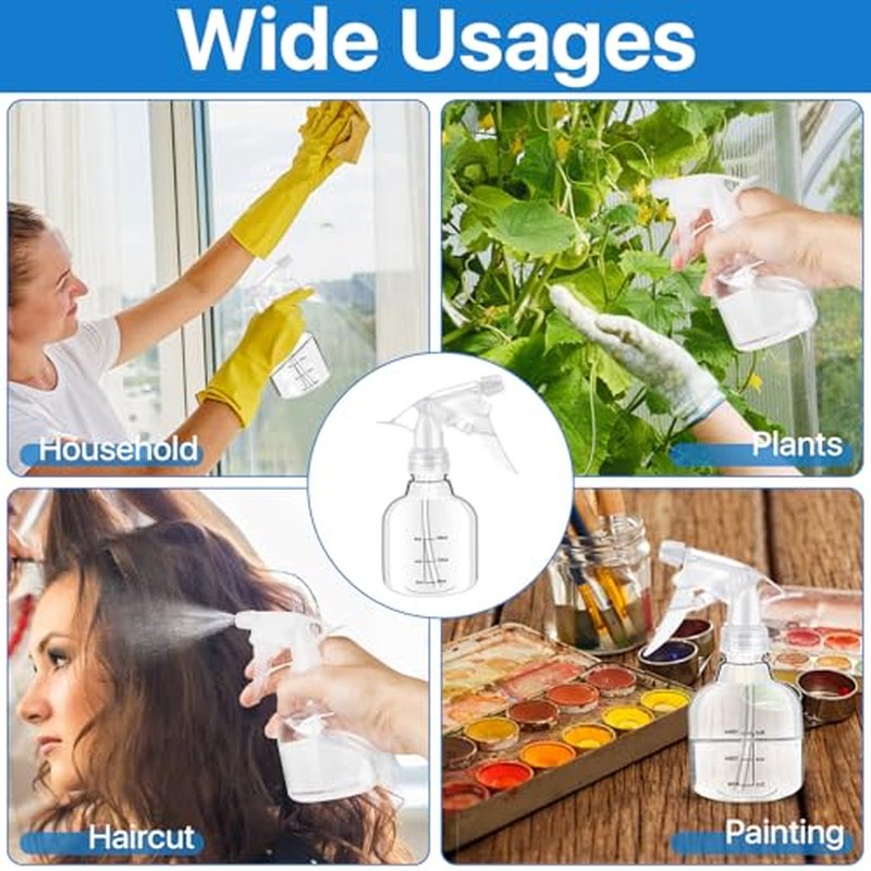 24 Pcs Empty Plastic Spray Bottles 8 oz, Clear Mini Spray Bottles with Measurement Adjustable Nozzle, Refillable Spray Bottle for Hair Plant Kitchen Bath