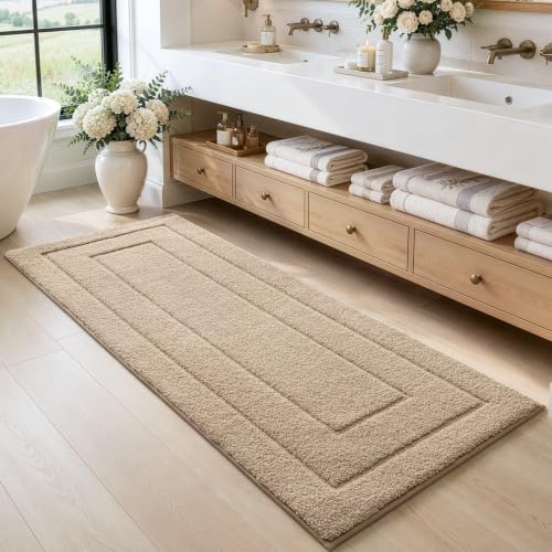 DEXI Beige Bathroom Runner Rug 72x24 Non-Slip Microfiber Bath Mat