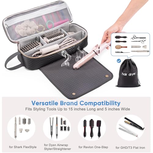 ELCUPA 2-in-1 Travel Hair Tool Bag with Heat-Resistant Mat, X-large Black, for Shark Flexstyle & Revlon One-Step