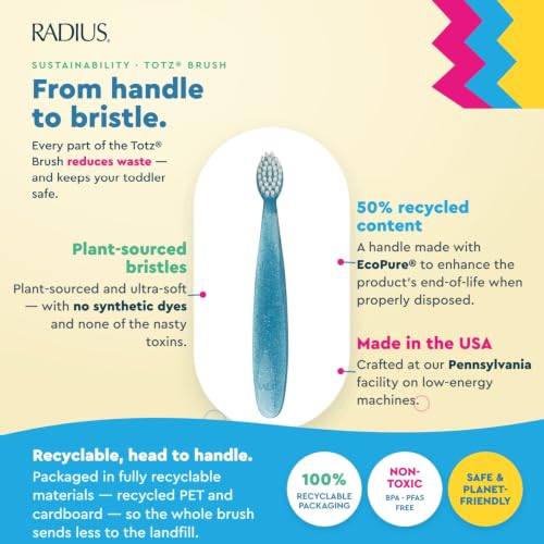 RADIUS Totz Extra Soft Kids Toothbrush Pack of 6 - BPA Free, ADA Approved, Toddler-Friendly - Includes Periwinkle, Mint, Yellow, Pink, Lavender, White