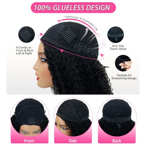 Larhali 16 Inch Burmese Curly Half Wig with Drawstring - No Glue, Natural Black, 180% Density, Beginner-Friendly, Flip Over Style