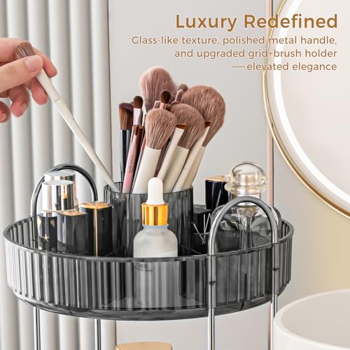 3-Tier Grey Rotating Makeup Organizer with Brush Holder - Upgraded Countertop Storage for Women