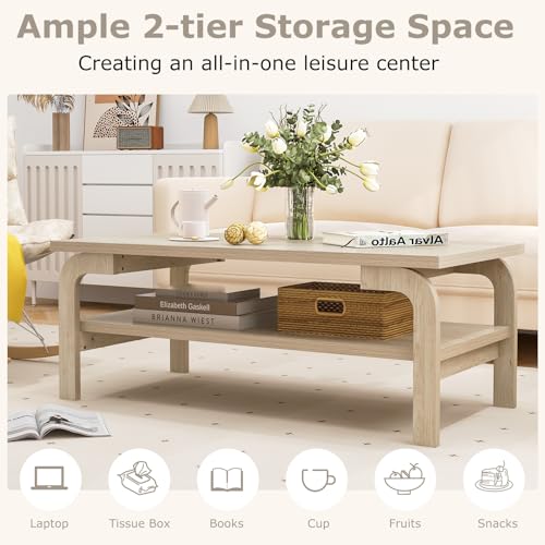 GIANTEX Oak 2-Tier Coffee Table with Storage - Mid Century Modern Design