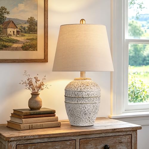 Farmhouse Ceramic Table Lamp with Linen Shade, Natural Earth Tone Finish