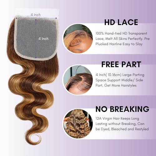 Highlight Body Wave Closure Honey Blonde Ombre 4x4 Human Hair 10 Inch - Pre Plucked with Baby Hair