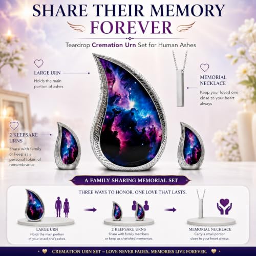 Premium Family Cremation Urn Set for Human Ashes Teardrop Memorial with Keepsakes & Necklace - Eco-Friendly Dignified Tribute