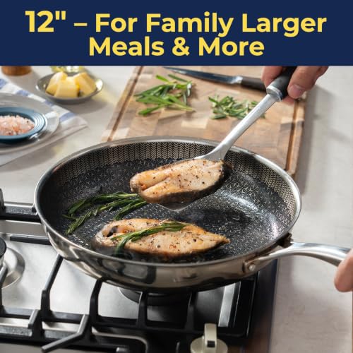 12 Inch Nonstick Frying Pan with Lid - Hybrid Tri-Ply Stainless Steel