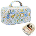 Lemon Print Travel Cosmetic Bag Organizer for Women - Large Quilted Makeup & Skincare Storage, Effortless Flat Lay Design, Vacation Essentials