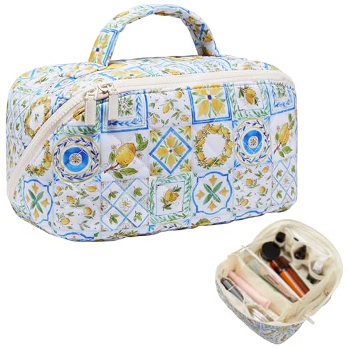 Lemon Print Travel Cosmetic Bag Organizer for Women - Large Quilted Makeup & Skincare Storage, Effortless Flat Lay Design, Vacation Essentials