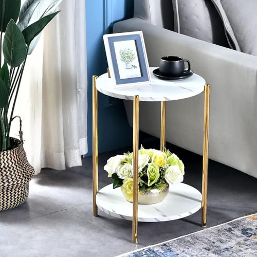 Gold Round End Table with Faux Marble Top - 2-Tier Modern Side Table