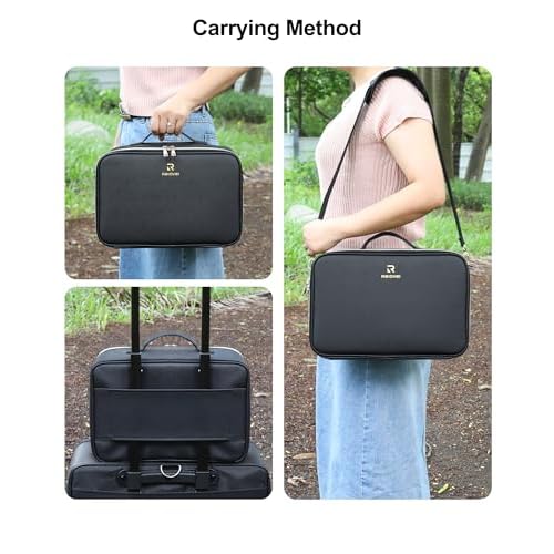 Relavel Makeup Train Case With LED Mirror, Professional Travel Cosmetic Bag with Removable Partitions, Compact Makeup Organizer with Shoulder Strap, Waterproof Travel Case for Women, Black