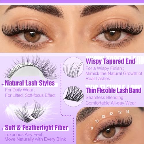 Yawamica Lash Clusters Kit Natural Lash Extension Kit 8-14mm Short Eyelash Clusters C Curly Wispy Individual Lashes with Waterproof Lash Bond and Seal and Lash Tweezers DIY Lash by Self