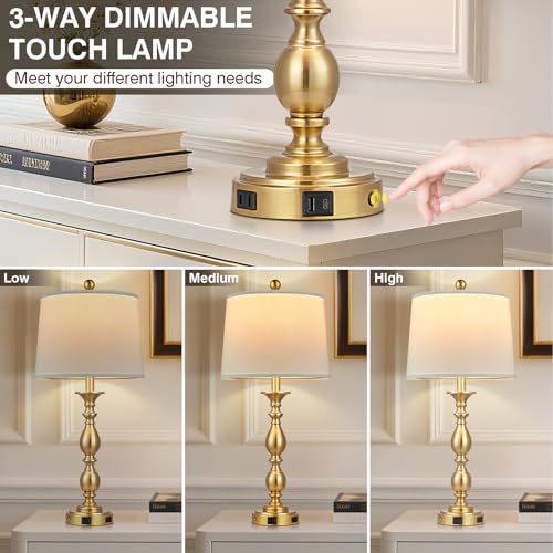 Gold 2 Pack Modern Table Lamps with USB Ports & AC Outlet - 3-Way Touch Bedside Lamps for Bedroom & Living Room