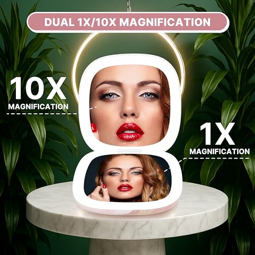 NJ GLAM Blush Marble LED Lighted Makeup Mirror 3.9 Inch Dual-Sided 1x/10x Magnification with Auto On/Off & USB Charging