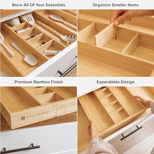 KitchenEdge Bamboo Drawer Organizer - Adjustable 16-28 Inch Kitchen Utensil Tray