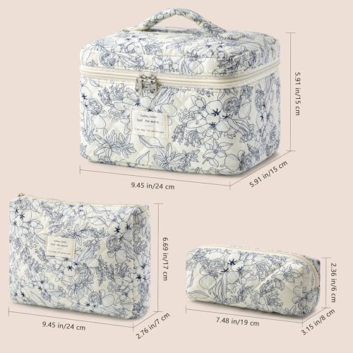 A-3PCS-Floral Quilted Makeup Bag Set - Large Travel Cosmetic Organizer