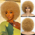 Short Afro Human Hair Wig for Black Women - Honey Blonde 70s Style Curly Wig with Bangs