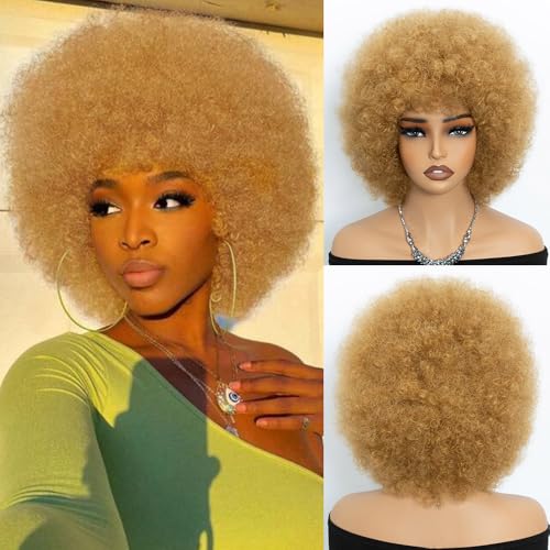 Short Afro Human Hair Wig for Black Women - Honey Blonde 70s Style Curly Wig with Bangs