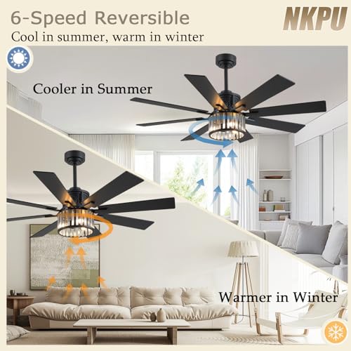 Farmhouse Crystal Ceiling Fan with Lights and Remote - Black 52 Inch with Dual Blades