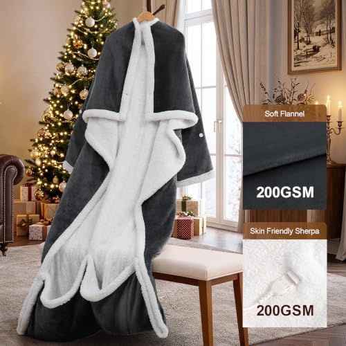 Grey 75x50 inch Wearable Heated Blanket with Foot Pockets & Sleeves
