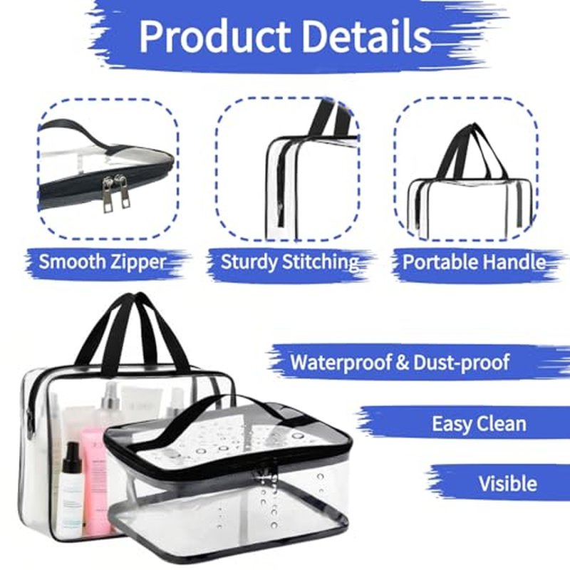 2 Pieces Clear Cosmetic Bags Waterproof Toiletry Bags with Zippers, Reusable Travel Makeup Bag Storage Carry-on Pouch for Travel, Bathroom