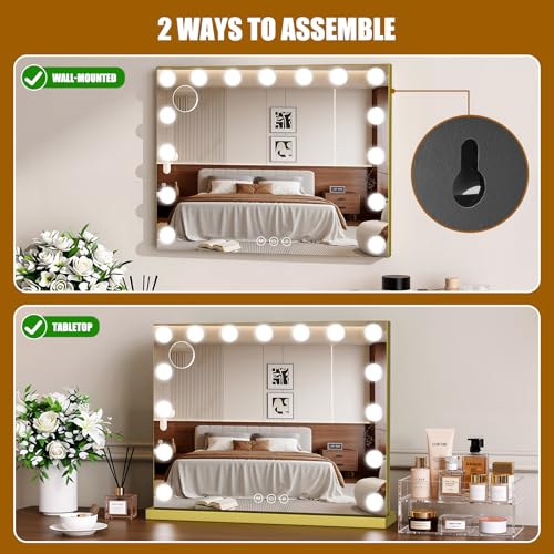 Vanity Mirror with Lights, 23"¡¿18" Large Hollywood Makeup Mirror with 15 Dimmable Bulbs, 3-Color Lighting, Dimmable, 10x Magnification, Desk Mirror, Bedroom (Gold)