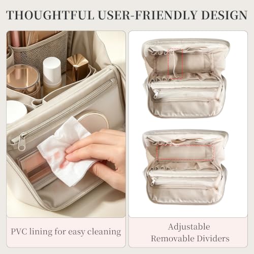 Large Travel Makeup Bag with Waterproof PU Leather - Cream White, Size L