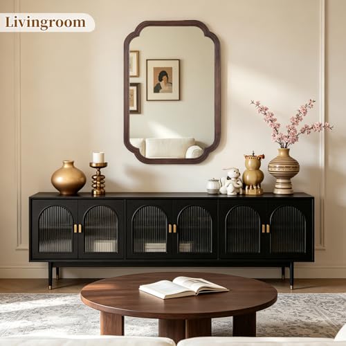 Wood Bathroom Mirror 20x30 Inch Wall Decor Arched Rustic Walnut Frame for Vanity, Bedroom, Entryway - Variation of Walnut / 30"L x 20"W