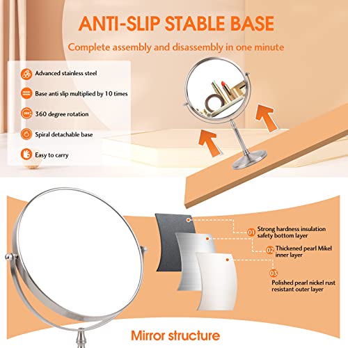 Makeup Mirror 8" Magnifying Mirror 1/10X Magnification, Large Table top Double-Sided Swivel Vanity Mirror Chrome Finish