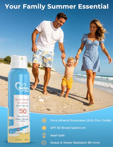 Kids SPF 50 Mineral Sunscreen Spray 5oz Pack of 2 - Reef Safe, Water-Resistant, Travel Size