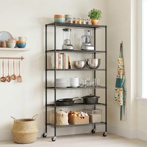 PayLessHere 6-Tier Wire Shelving Unit with Wheels - 45x18x82 Black Heavy Duty Storage Racks
