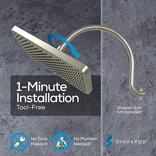 Rain Shower Head 12 Inch Rectangle Brushed Nickel Ceiling & Wall Mount - Luxury Fixed Showerhead with 184 Nozzles