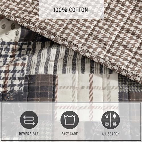 Queen Reversible Cotton Quilt Set with Shams - Antique Brown