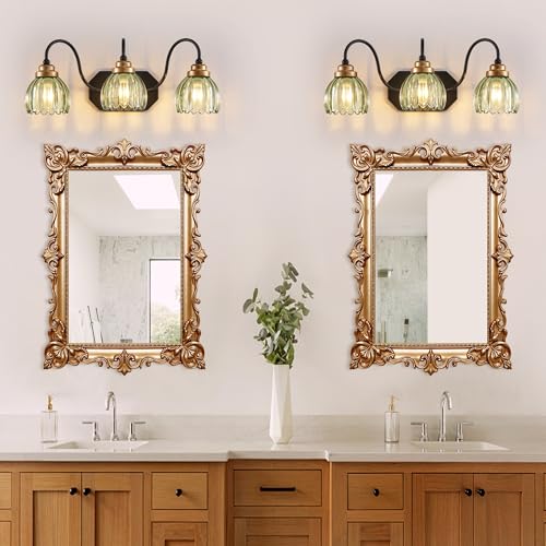Vintage Green Tulip Crystal Bathroom Light Fixture - 3-Light Farmhouse Style - Variation of Green / 3-Light