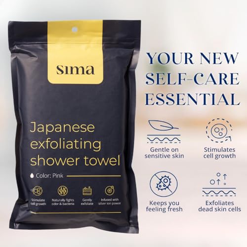 Sima - Bundle - Exfoliating Body Towel Pink + Japanese Exfoliating Face Towel with Hexagon Fibers, Body Scrubber with 2 Sides for Scrubbing & Washing