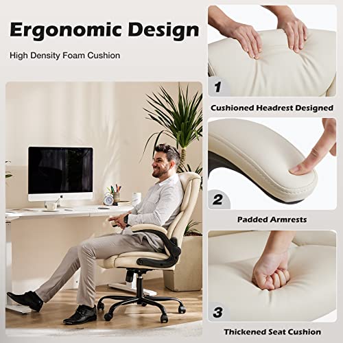 DUMOS Leather Office Chair Cream White 1pc Ergonomic Lumbar Support