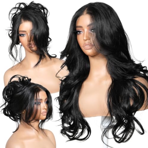 BrownBomb 26-Inch Feather Layered Body Wave Synthetic Wig with 13x6 HD Lace Frontal and Curtain Bangs