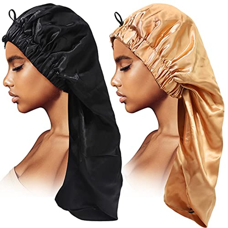 2PCS Satin Hair Braid Bonnet, Extra Long Foldable Bonnet with Button, Single Layer Sleep Cap for Black Women & Dreadlocks (Black+Khaki)