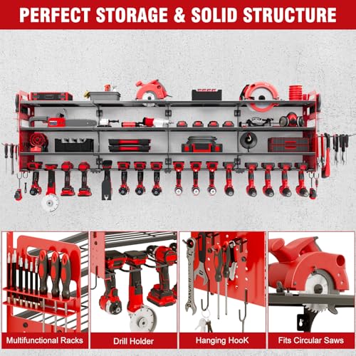 Large 65-Inch Power Tool Wall Mount Organizer - 4-Tier, Holds 16 Drills - Red