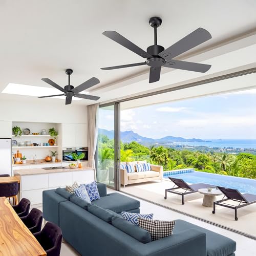 Obabala 52-Inch Black Outdoor Ceiling Fan No Light with Remote, 6-Speed Reversible DC Motor