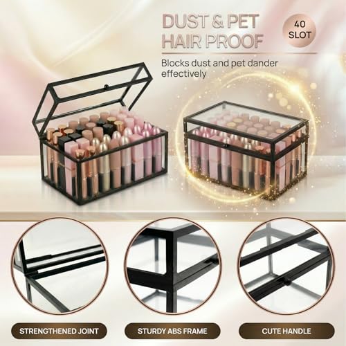 Black 40 Lipstick Organizer with Lid - Glass Display Box for Vanity & Makeup