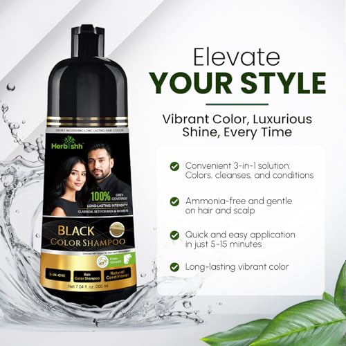 Herbishh Black Hair Dye Shampoo 200ml for Gray Coverage & Nourishment - Black