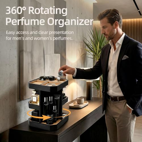 Rotating Cologne Organizer for Men, Metal Fragrance Display Stand with Suede-Lined Trays, 360¡Æ Turntable Cologne Stand for Dresser Desk, Gift-Ready Perfume Organizer