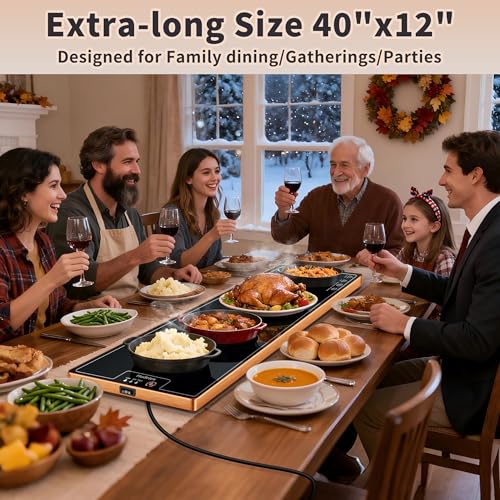 Hudetex Extra Long 40x12 Inch Food Warming Mat with Tempered Glass - Black