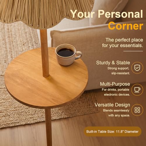 Oneach Woodgrain Floor Lamp with Table, Rattan Shade & Foot Switch - Farmhouse Style