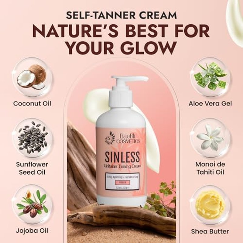 BaeBlu - Sinless Tahitian Self Tan Lotion - Sunless Tanning Lotion with Hydrating Monoi de Tahiti & Coconut Oils for Streak-Free, Golden Tan - No Orange, No Synthetic Fragrance - Vegan & Cruelty-Free