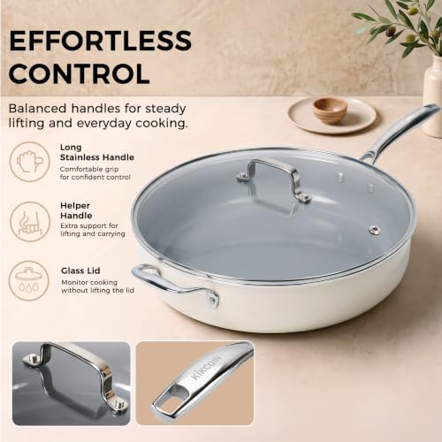 14-Inch Ceramic Nonstick Deep Frying Pan with Lid - 6 Qt Family Size - Cream & Grey
